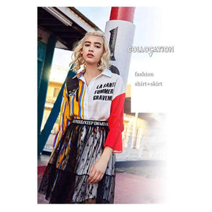 Planet Gates As show / S Autumn fashion women's sets cartoon embroidery patch designs striped long shirts+gauze skirts two pieces