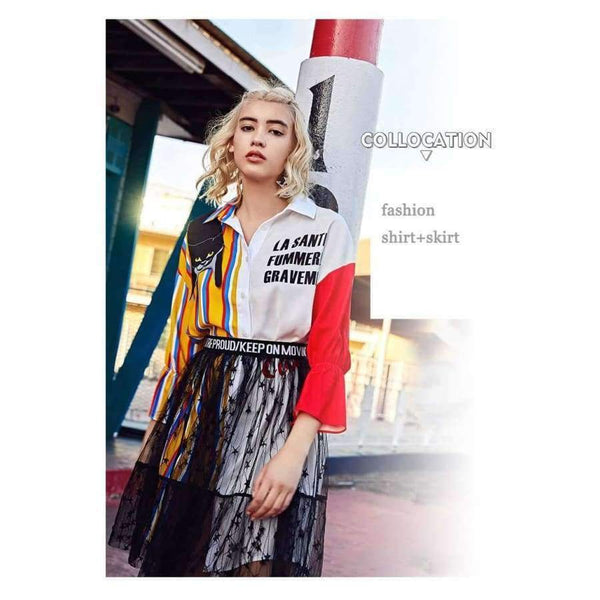 Planet Gates As show / S Autumn fashion women's sets cartoon embroidery patch designs striped long shirts+gauze skirts two pieces