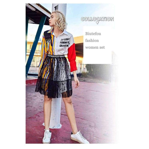 Planet Gates As show / S Autumn fashion women's sets cartoon embroidery patch designs striped long shirts+gauze skirts two pieces