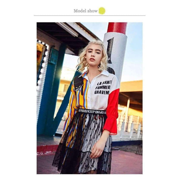 Planet Gates As show / S Autumn fashion women's sets cartoon embroidery patch designs striped long shirts+gauze skirts two pieces