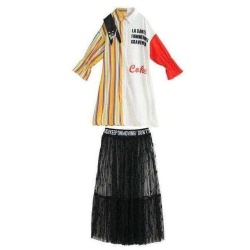 Planet Gates As show / S Autumn fashion women's sets cartoon embroidery patch designs striped long shirts+gauze skirts two pieces