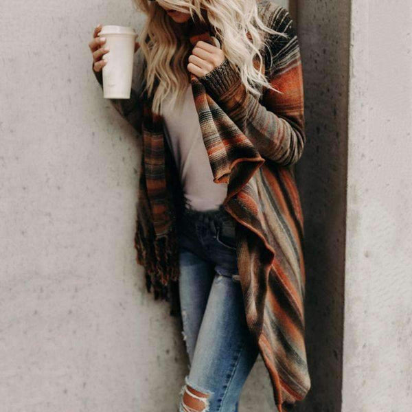 Planet Gates as the photo / XXL Fashion Autumn Winter Women Tassel Knitted Sweater Poncho Sexy Striped Irregular Hem Casual Loose Pullover Jumper Femme