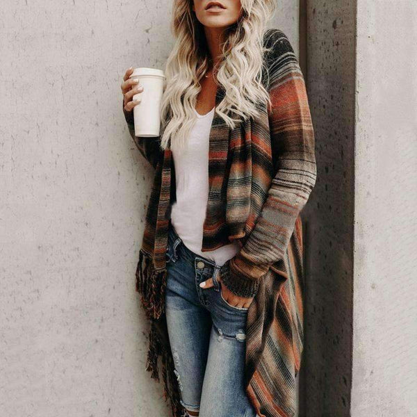 Planet Gates as the photo / XXL Fashion Autumn Winter Women Tassel Knitted Sweater Poncho Sexy Striped Irregular Hem Casual Loose Pullover Jumper Femme