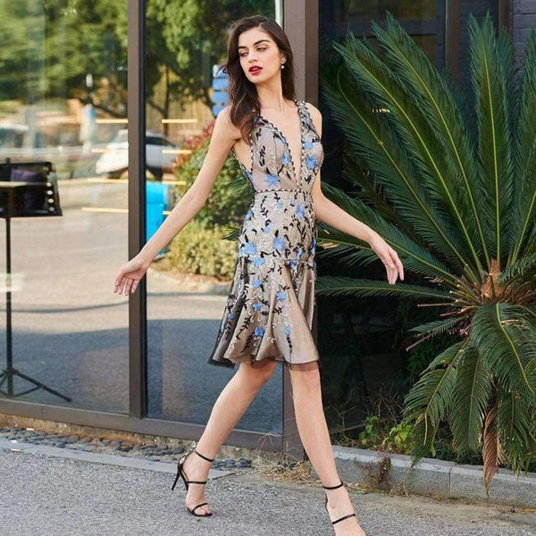 Planet Gates As the picture / 2 Cocktail dress elegant v neck backless mermaid embroidery short mini wedding party formal dress cocktail dresses