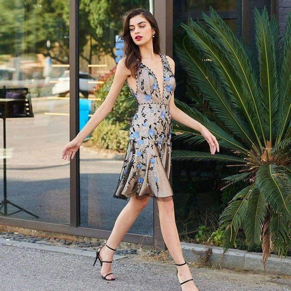 Planet Gates As the picture / 2 Cocktail dress elegant v neck backless mermaid embroidery short mini wedding party formal dress cocktail dresses