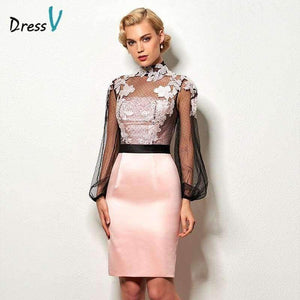 Planet Gates As the picture / 2 Light pink short cocktail dress high neck long sleeves appliques button knee length cocktail dresses formal party dress