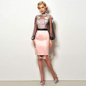 Planet Gates As the picture / 2 Light pink short cocktail dress high neck long sleeves appliques button knee length cocktail dresses formal party dress