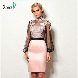Planet Gates As the picture / 2 Light pink short cocktail dress high neck long sleeves appliques button knee length cocktail dresses formal party dress