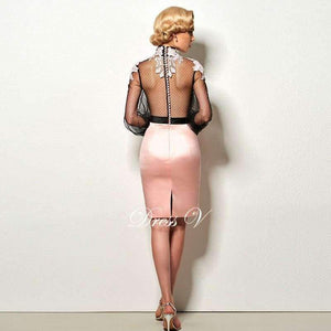 Planet Gates As the picture / 2 Light pink short cocktail dress high neck long sleeves appliques button knee length cocktail dresses formal party dress