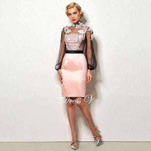 Planet Gates As the picture / 2 Light pink short cocktail dress high neck long sleeves appliques button knee length cocktail dresses formal party dress