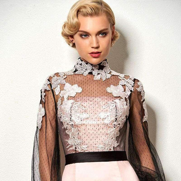 Planet Gates As the picture / 2 Light pink short cocktail dress high neck long sleeves appliques button knee length cocktail dresses formal party dress