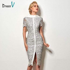 Planet Gates As the picture / 2 Sexy backless sheath short cocktail dress vintage high neck knee length evening party lace cocktail dress with bowknot