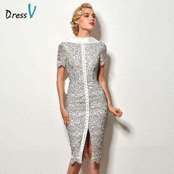 Planet Gates As the picture / 2 Sexy backless sheath short cocktail dress vintage high neck knee length evening party lace cocktail dress with bowknot