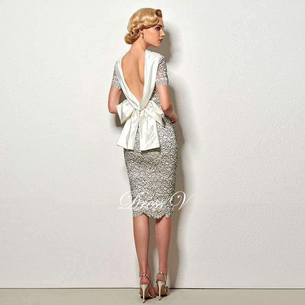 Planet Gates As the picture / 2 Sexy backless sheath short cocktail dress vintage high neck knee length evening party lace cocktail dress with bowknot