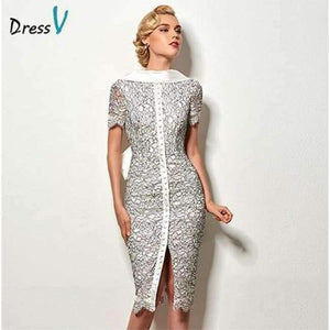 Planet Gates As the picture / 2 Sexy backless sheath short cocktail dress vintage high neck knee length evening party lace cocktail dress with bowknot