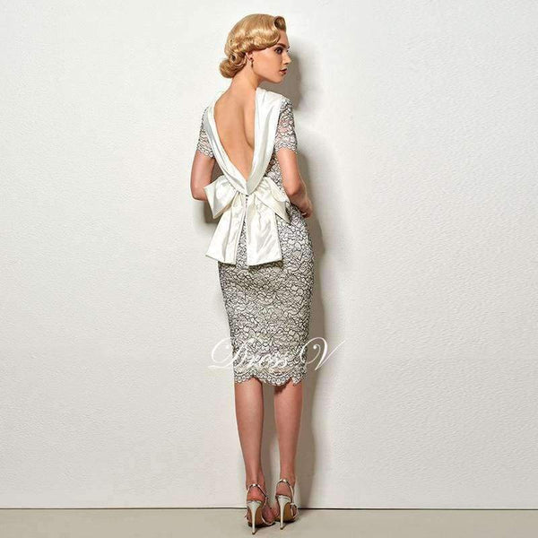 Planet Gates As the picture / 2 Sexy backless sheath short cocktail dress vintage high neck knee length evening party lace cocktail dress with bowknot