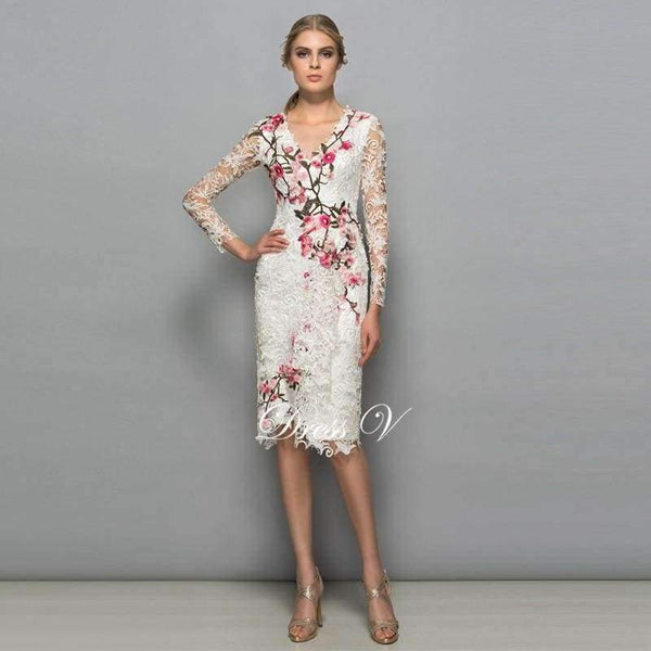 Planet Gates As the picture / 2 V-neck long sleeves cocktail dress sheath appliques lace knee length flowers elegant cocktail dress formal party dress