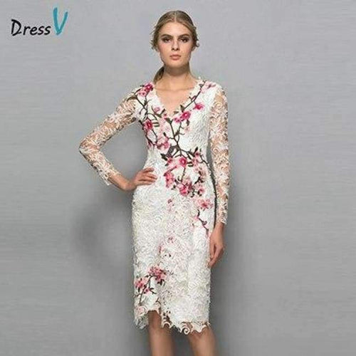 Planet Gates As the picture / 2 V-neck long sleeves cocktail dress sheath appliques lace knee length flowers elegant cocktail dress formal party dress