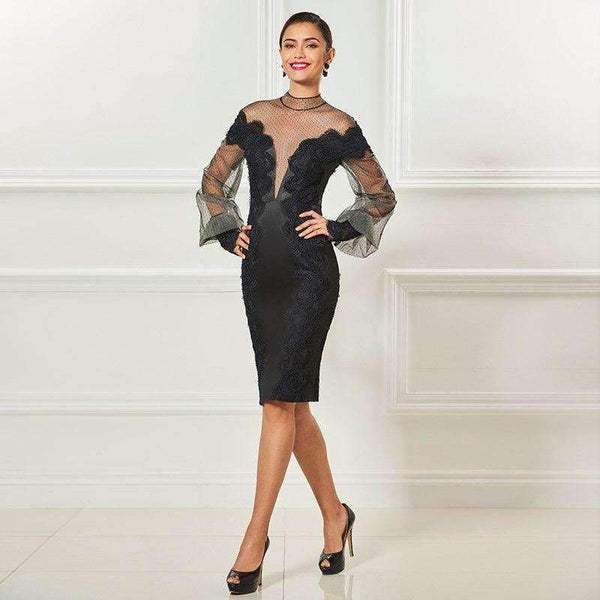 Planet Gates as the picture / 6 High neck short cocktail dresses black long sleeves knee length sheath dress women party formal customed cocktail dress
