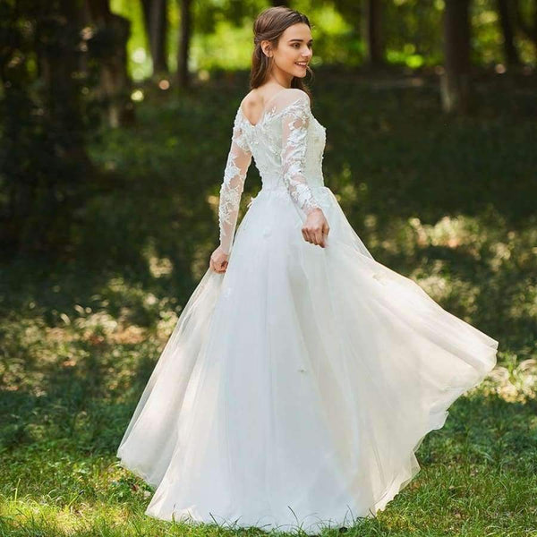 Planet Gates As the picture / 6 Wedding dress scoop neck zipper up a line long sleeves bridal lace elegant outdoor&church custom wedding dresses