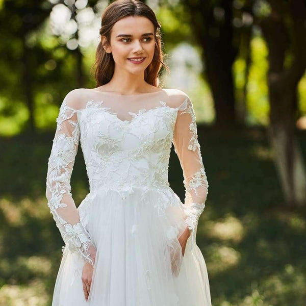 Planet Gates As the picture / 6 Wedding dress scoop neck zipper up a line long sleeves bridal lace elegant outdoor&church custom wedding dresses