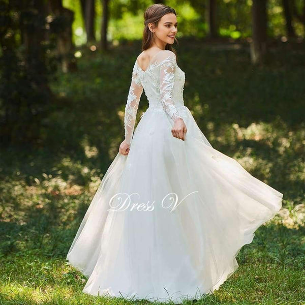 Planet Gates As the picture / 6 Wedding dress scoop neck zipper up a line long sleeves bridal lace elegant outdoor&church custom wedding dresses