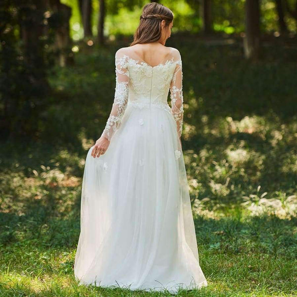 Planet Gates As the picture / 6 Wedding dress scoop neck zipper up a line long sleeves bridal lace elegant outdoor&church custom wedding dresses