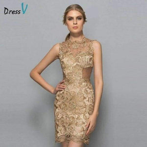 Planet Gates As the picture / 6 Yellow beaded lace mini cocktail dress scoop neck sleeveless sheath above knee short cocktail dress formal party dress