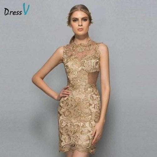 Planet Gates As the picture / 6 Yellow beaded lace mini cocktail dress scoop neck sleeveless sheath above knee short cocktail dress formal party dress