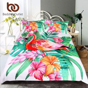Planet Gates AU Single Bedding  Flamingo Bedding Set Tropical Plant Quilt Cover King Size Home Bed Set Flower Print Pink and Green Bedclothes 3pcs