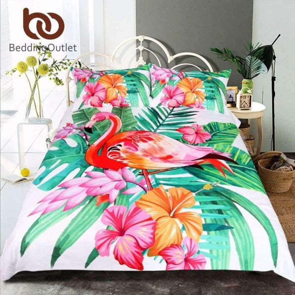 Planet Gates AU Single Bedding  Flamingo Bedding Set Tropical Plant Quilt Cover King Size Home Bed Set Flower Print Pink and Green Bedclothes 3pcs