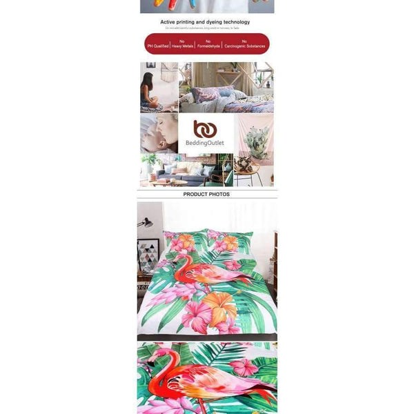 Planet Gates AU Single Bedding  Flamingo Bedding Set Tropical Plant Quilt Cover King Size Home Bed Set Flower Print Pink and Green Bedclothes 3pcs