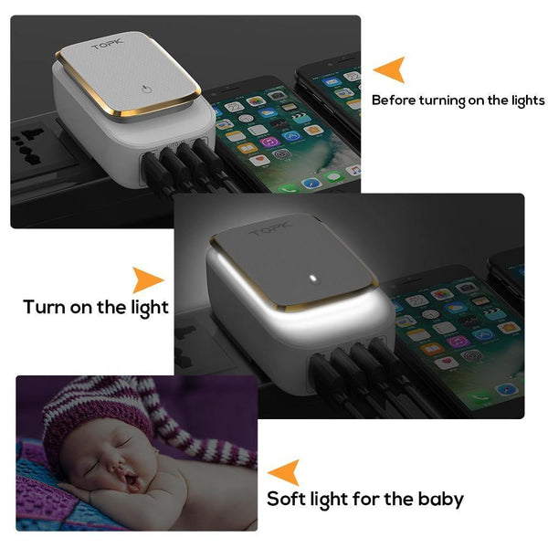 Planet Gates AU TOPK L-Power 4-Port EU/US/UK/AU Plug 22W USB Charger LED Lamp Auto-ID Travel Wall Adapter Universal Mobile Phone Charger