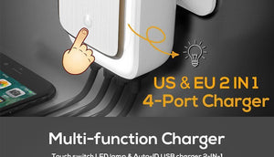 Planet Gates AU TOPK L-Power 4-Port EU/US/UK/AU Plug 22W USB Charger LED Lamp Auto-ID Travel Wall Adapter Universal Mobile Phone Charger