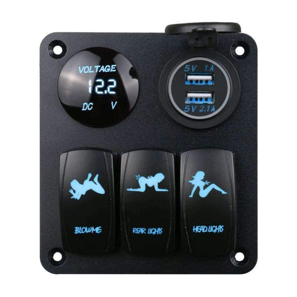 Planet Gates Auto Boat Marine Switch Panel 3 Gang Light On/Off Digital LED Voltmeter Combination Dual USB Car Charger Port Rocker Socket