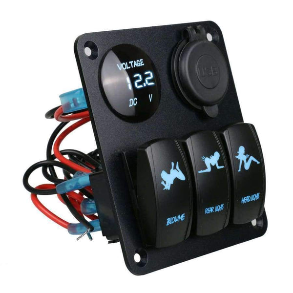Planet Gates Auto Boat Marine Switch Panel 3 Gang Light On/Off Digital LED Voltmeter Combination Dual USB Car Charger Port Rocker Socket