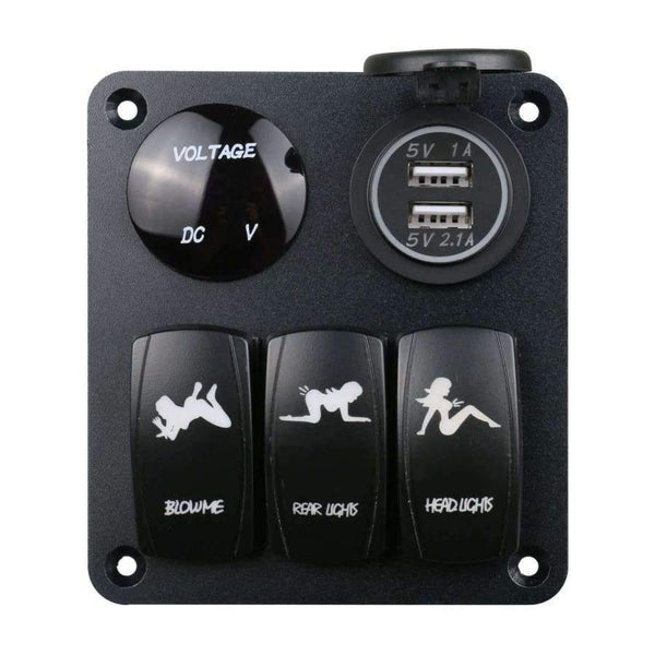 Planet Gates Auto Boat Marine Switch Panel 3 Gang Light On/Off Digital LED Voltmeter Combination Dual USB Car Charger Port Rocker Socket