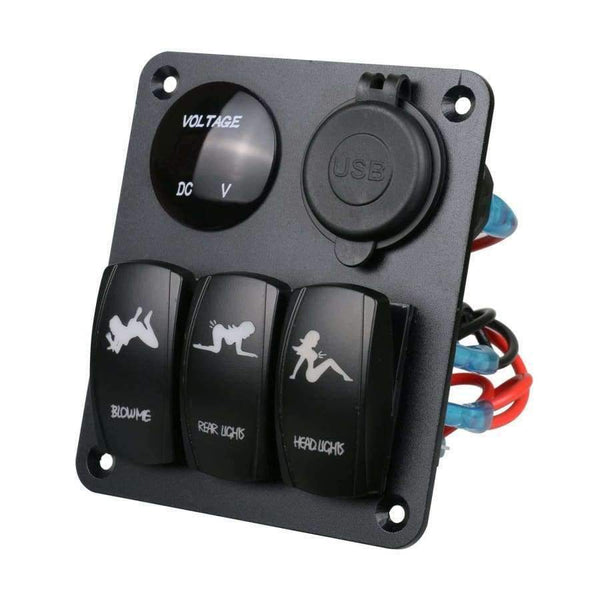 Planet Gates Auto Boat Marine Switch Panel 3 Gang Light On/Off Digital LED Voltmeter Combination Dual USB Car Charger Port Rocker Socket