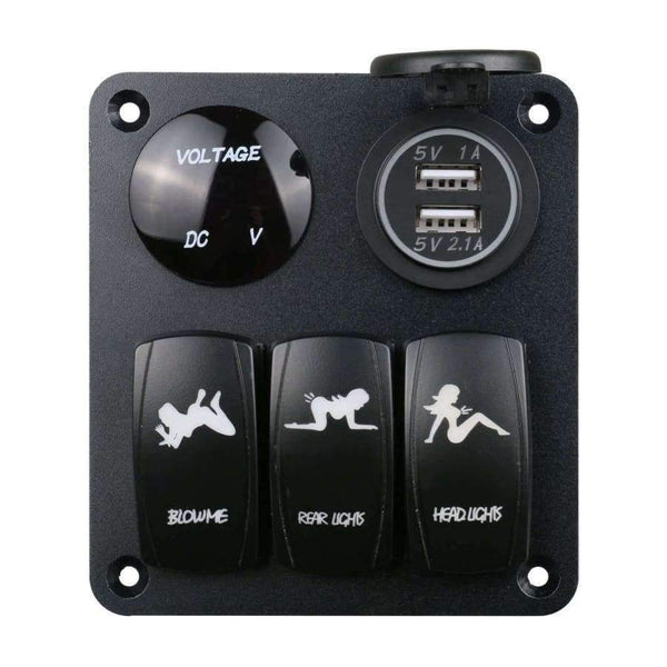 Planet Gates Auto Boat Marine Switch Panel 3 Gang Light On/Off Digital LED Voltmeter Combination Dual USB Car Charger Port Rocker Socket
