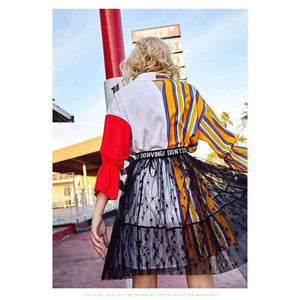 Planet Gates Autumn fashion women's sets cartoon embroidery patch designs striped long shirts+gauze skirts two pieces