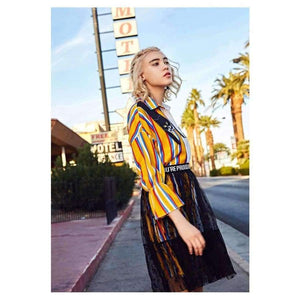 Planet Gates Autumn fashion women's sets cartoon embroidery patch designs striped long shirts+gauze skirts two pieces