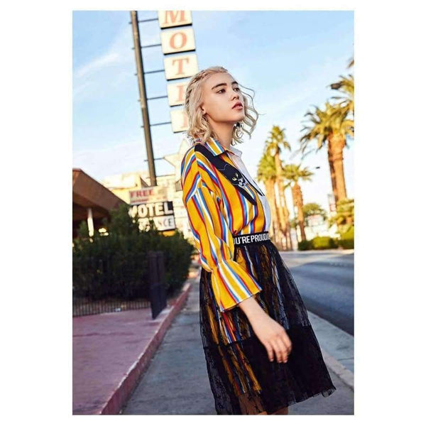 Planet Gates Autumn fashion women's sets cartoon embroidery patch designs striped long shirts+gauze skirts two pieces