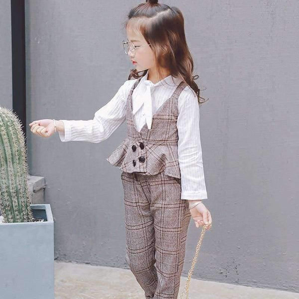Planet Gates Autumn Girls Clothing Sets Kids Plaid Suspenders Vest Jackets+Pant 2pcs/sets Tracksuit Children teenage England Suit Sport Suit