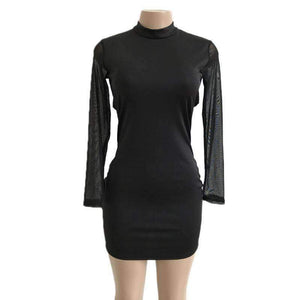 Planet Gates Autumn Net Yarn Long Sleeve Mini Bodycon Dress Dresses Autumn Winter Sexy Women Casual Party Club Black Dress Vestidos