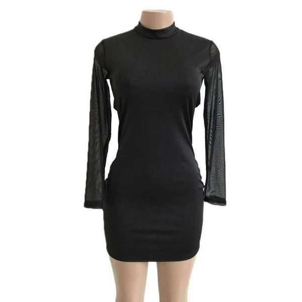Planet Gates Autumn Net Yarn Long Sleeve Mini Bodycon Dress Dresses Autumn Winter Sexy Women Casual Party Club Black Dress Vestidos