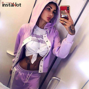 Planet Gates Autumn New Design 2 Piece Set Women Purple 4 Colors Button Hoodies Cut Off Pant Female Casual Sets Winter Fashion