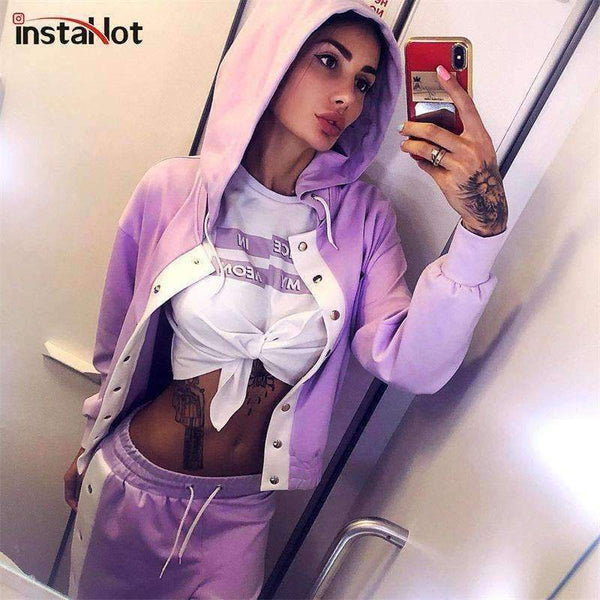 Planet Gates Autumn New Design 2 Piece Set Women Purple 4 Colors Button Hoodies Cut Off Pant Female Casual Sets Winter Fashion