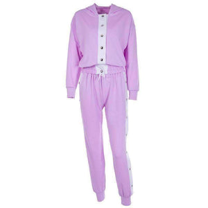 Planet Gates Autumn New Design 2 Piece Set Women Purple 4 Colors Button Hoodies Cut Off Pant Female Casual Sets Winter Fashion