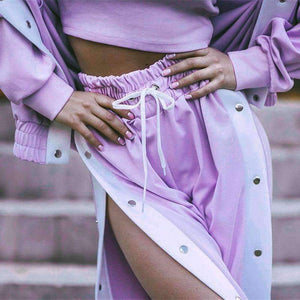 Planet Gates Autumn New Design 2 Piece Set Women Purple 4 Colors Button Hoodies Cut Off Pant Female Casual Sets Winter Fashion