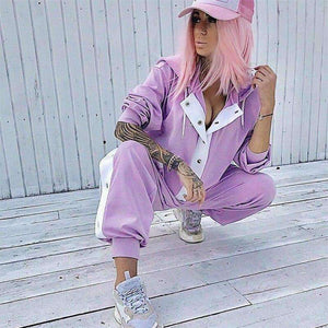 Planet Gates Autumn New Design 2 Piece Set Women Purple 4 Colors Button Hoodies Cut Off Pant Female Casual Sets Winter Fashion